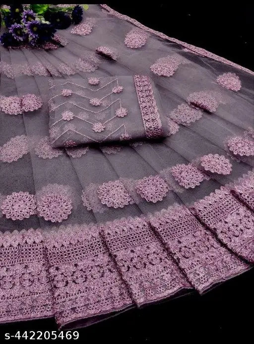 Indian embroidered net saree with separate blouse piece, free size (5.5m/0.8m), stylish lastest net embroidery work