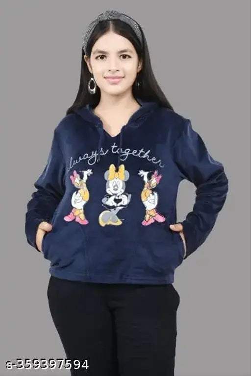 Navy blue wool girl's printed full sleeve winter wear sweatshirt & hoodie with stylish design, perfect for cool weather