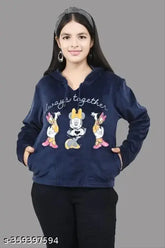 Navy blue wool girl's printed full sleeve winter wear sweatshirt & hoodie with stylish design, perfect for cool weather