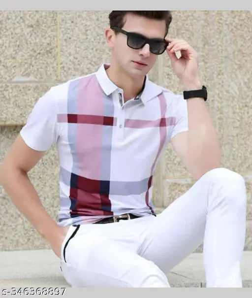 Cotton blend half sleeve printed polo neck T-shirt for men, available in 4 colors: Black, Green, Maroon, Navy Blue - Indian made fashionable T-shirts for various occasions