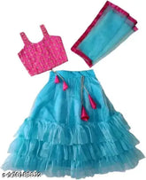 Designer satin lehenga choli with net dupatta for girls, light blue, sleeveless, stitched net, party wear, India