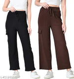 Trendy solid cotton blend 4-pocket cargo pants combo (2 units), high waist with pockets, women's and girls sizes XS-XXL, India origin
