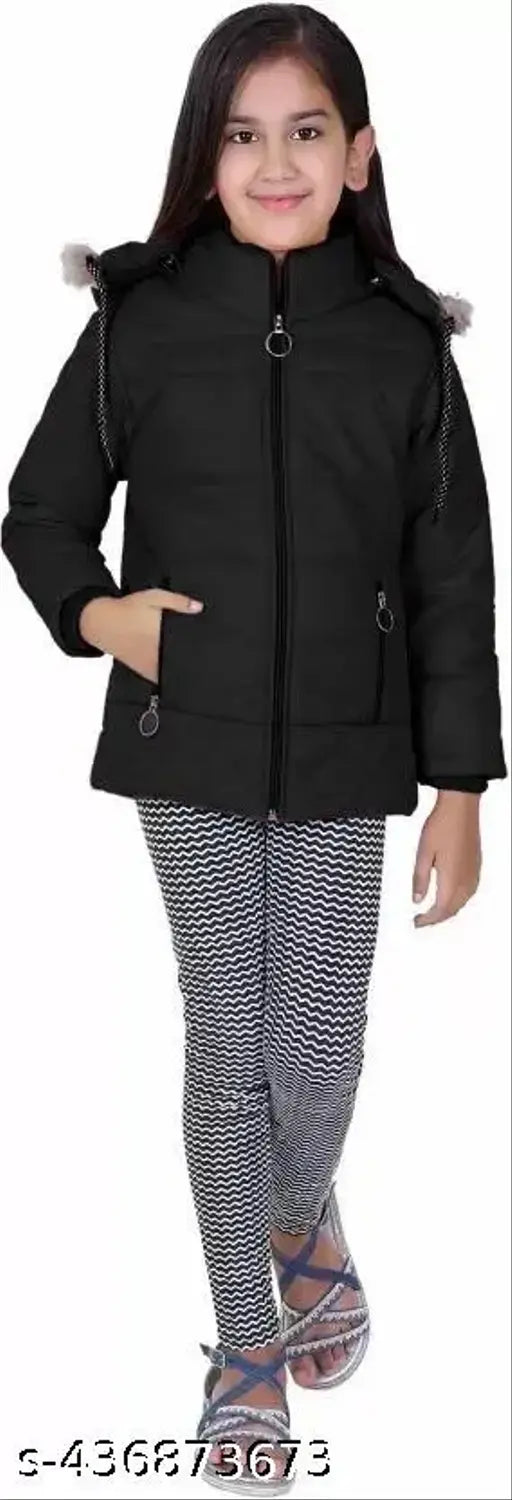 Girls black nylon jacket pack of 1, solid design, polyester material, long sleeves, trendy kids' coat by Alfiya Collection