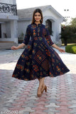 Blue cotton Anarkali gown with floral print by SARD Girls, featuring three-quarter sleeves and full stitching. Authentic Indian attire for women