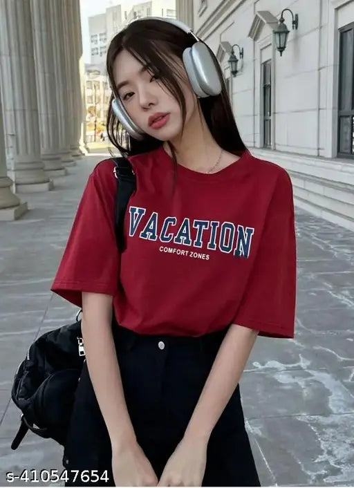 Maroon cotton-blend oversized t-shirt with print, ideal for casual or occasion wear, loosely fits women's styles