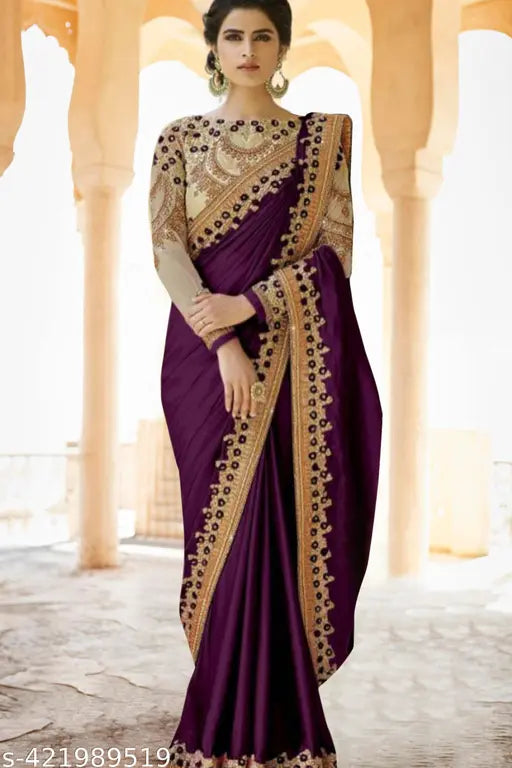 Vichitra Silk Petite Saree in Malty Tones, free size, solid and embroidered net design