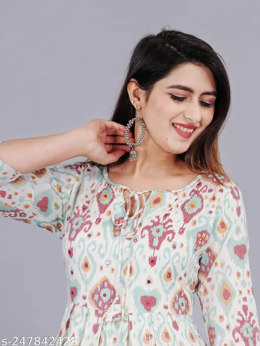 Rayon three-quarter sleeve Women's mirror work Nayra cut kurti, printed combo for Indian fashion