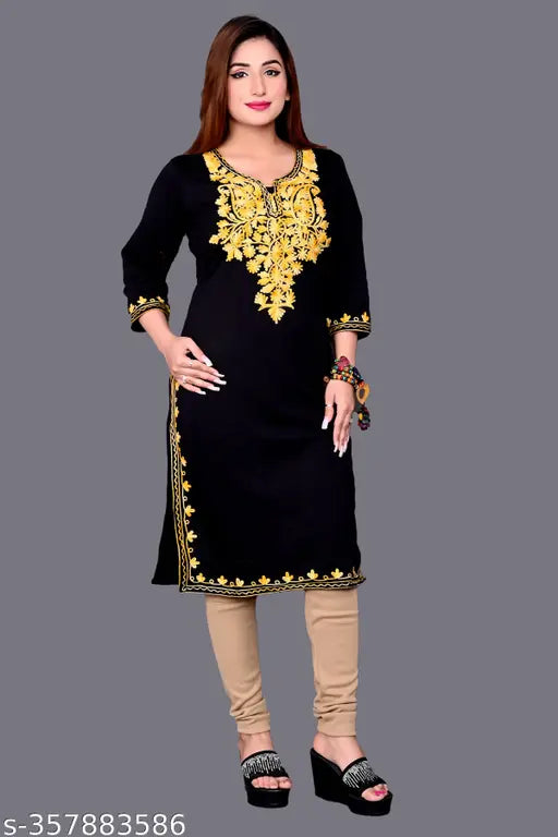 Embroidered wool women's kurti with three-quarter sleeves, casual to formal style, Indian craftwork on floral design. Sizes: S (Bust 40in, Length 42in), L (Bust 42in, Length 42in), XL (Bust 44in, Length 42in), XXL