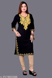 Embroidered wool women's kurti with three-quarter sleeves, casual to formal style, Indian craftwork on floral design. Sizes: S (Bust 40in, Length 42in), L (Bust 42in, Length 42in), XL (Bust 44in, Length 42in), XXL