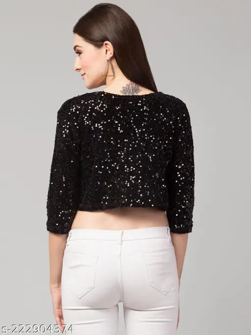 Velvet sequins jacket, embellished net pattern, three-quarter sleeves, modern design, India-made fashion wear