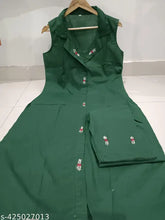 Green stylish cord sat cotton kurta with palazzos, solid net design, front embroidery flowers, one side pocket, good quality cotton fabrics