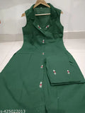 Green stylish cord sat cotton kurta with palazzos, solid net design, front embroidery flowers, one side pocket, good quality cotton fabrics