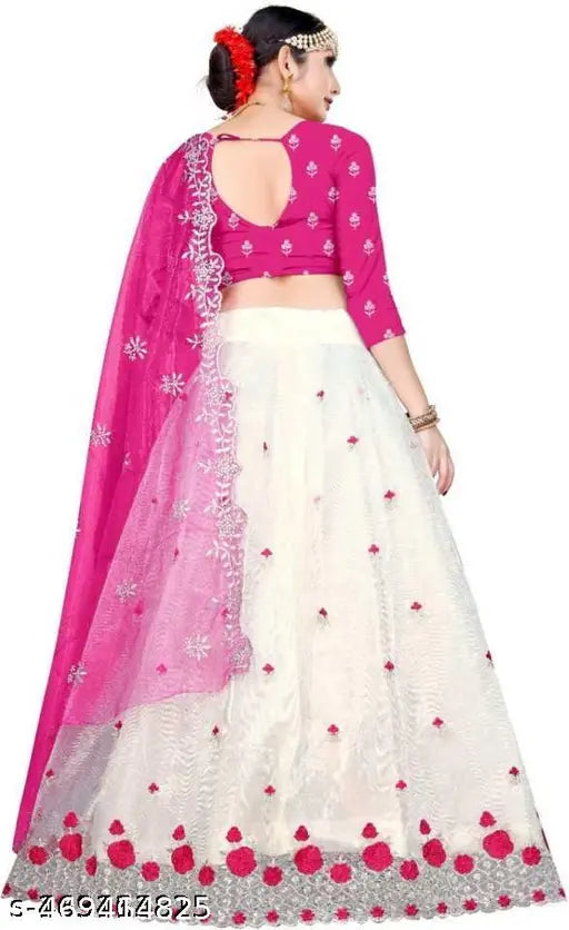 Silk & net embroidered lehenga (unstitched, 42m waist), Indian fashionable women's traditional wear with 3MTR lehenga and 0.80MTR blouse