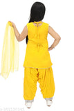 Yellow Georgette kurta Patiala set with dupatta, embellished and handcrafted with stone and mirror work. Perfect for ethnic wear, available in sizes 8-9 & 9-10 years. Made in India