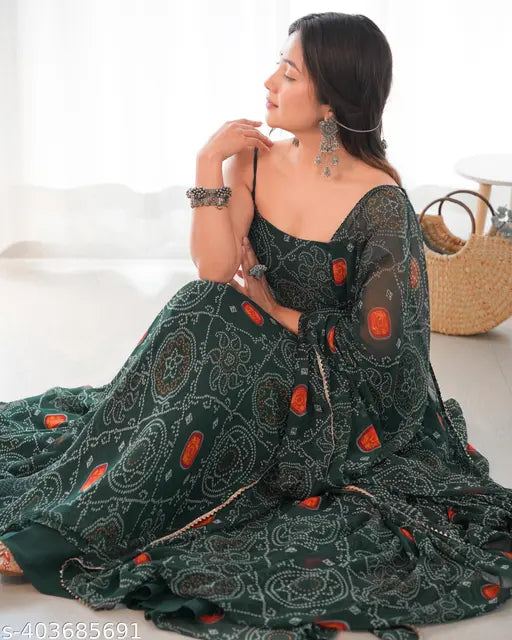 Pure soft chiffon Bandhej fully flair gown set, ready-to-wear in various sizes. Indian printed chiffon sleeveless gown on model