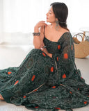 Pure soft chiffon Bandhej fully flair gown set, ready-to-wear in various sizes. Indian printed chiffon sleeveless gown on model