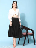 Black crepe pleated midi skirt, travel-friendly, full-length, elastic waist, trendy fashion for Indian women (size XS-XXL, made in India)