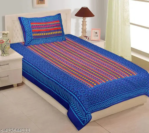 Geometric-patterned cotton flat sheets set (2 bedsheets + 2 pillow covers), ideal for summer, adult use. Jaipuri cotton trend