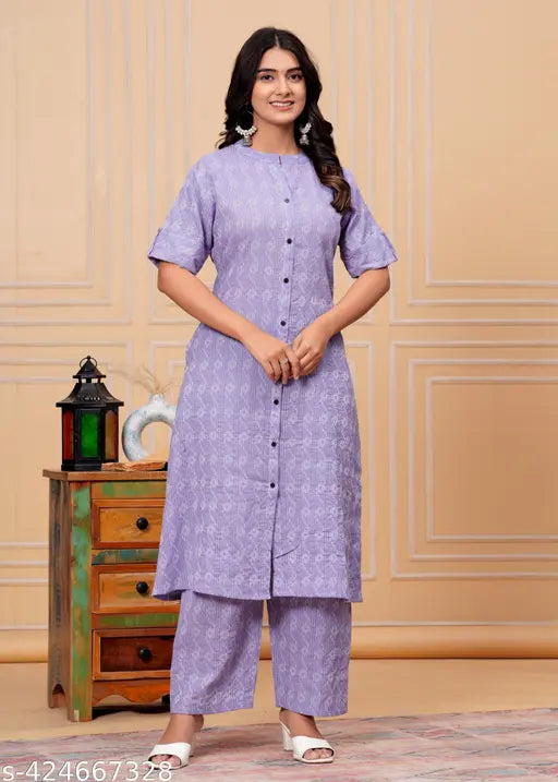 Cotton blend coord set: Printed net designer women's kurta with palazzos and dupatta, Indian export quality