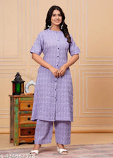 Cotton blend coord set: Printed net designer women's kurta with palazzos and dupatta, Indian export quality