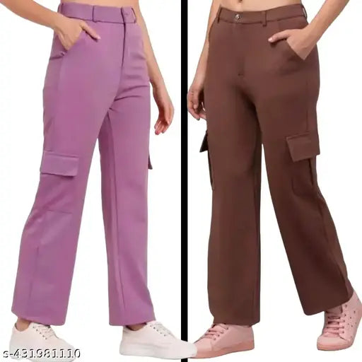Black cotton-lycra cargo pants combo of 2, wide leg flared design, practical with 4 functional pockets - women's versatile style
