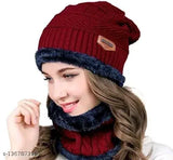 Maroon textured acrylic unisex winter beanie cap, warm neck accessory for cold weather