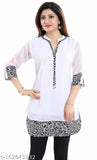 White and black printed georgette straight kurta with three-quarter sleeves, featuring Indian self design