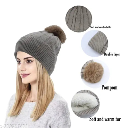 Brown wool ladies beanie, embroidered pattern, warm winter corkscrew cable knit cap with pom