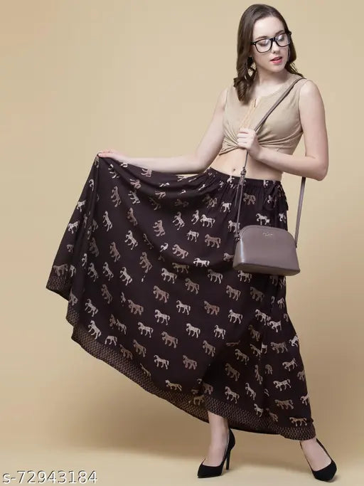 Brown animal printed rayon maxi skirt for women, elastic waist closure, enhances elegant look