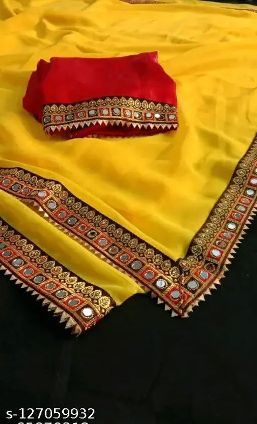 Yellow Georgette saree with mirror work, free size, India