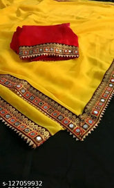Yellow Georgette saree with mirror work, free size (India)