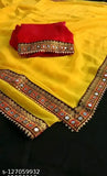 Yellow Georgette saree with mirror work, free size, India