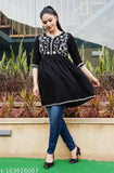 Black rayon fit-and-flare kurti, three-quarter sleeves with embroidered pattern. Women's size L (bust 40in), XXL, XXXL from India