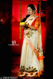 Golden-hued Kerala Style printed Dhavani Set, semi-stitched poly silk top & tissue dupatta" (124 characters)