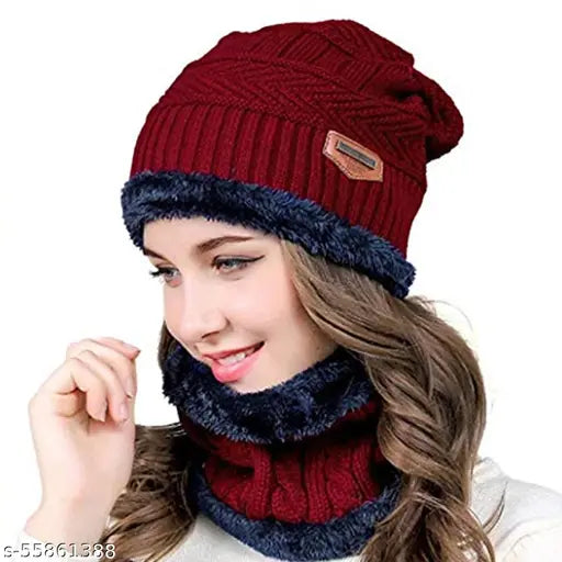 Maroon woolen beanie cap & neck warmer set (Arcylic textured design). Soft, warm, and snow-proof for unisex winter wear. Indian origin