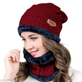 Maroon woolen beanie cap & neck warmer set (Arcylic textured design). Soft, warm, and snow-proof for unisex winter wear. Indian origin
