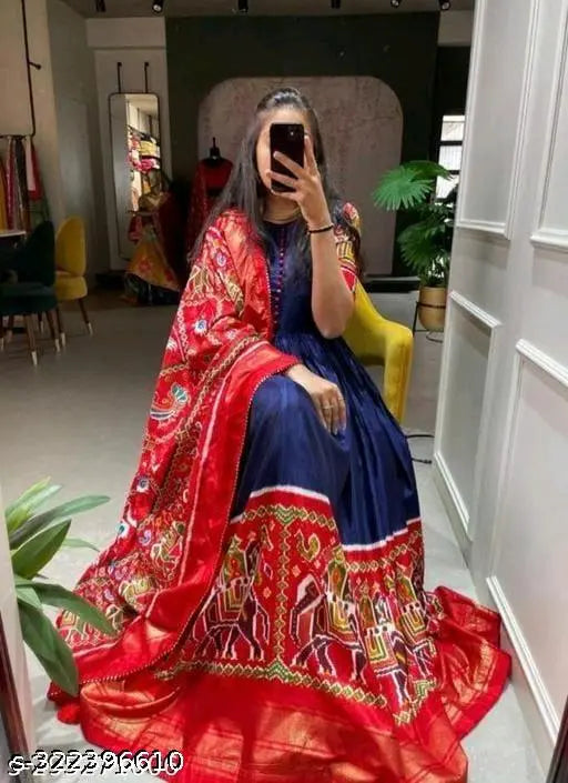 Red and Blue Indian Patola Print Crepe Gown with Dupatta, short sleeves, S-XXXL sizes