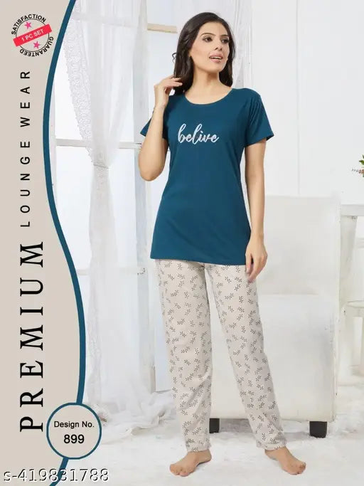 Printed cotton nightwear set for women, loose-fit pyjama with short sleeves, India origin