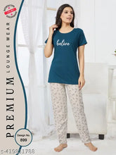 Printed cotton nightwear set for women, loose-fit pyjama with short sleeves, India origin