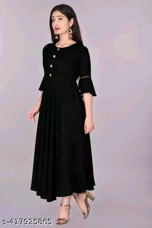 Black Rayon Maxi Kurta, Anar Kali solid style women's fashion trendy maxi dress, India origin