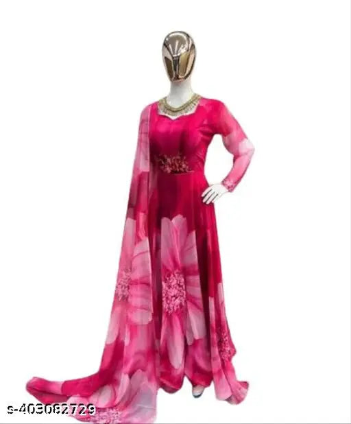 Georgette printed net party gown for women, three-quarter sleeves, suitable for weddings and festivals
