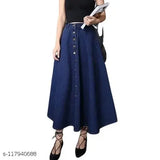 Long blue denim skirt, solid pattern, high-waisted, size 26-42, Indian origin