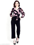 Printed georgette winter jumpsuit for women, long sleeves, size XS-XXL on model