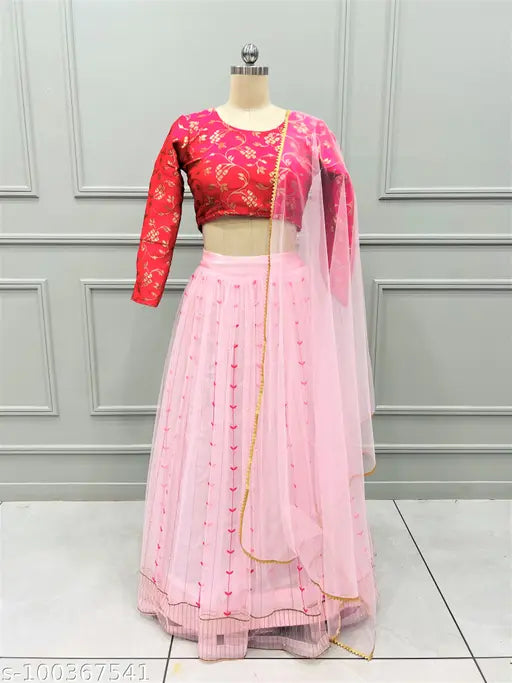 Art silk lehenga choli with net dupatta, embroidered in Gota work. Indian designer collection, up to 39 inch waist size, ready to ship