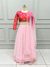 Art silk lehenga choli with net dupatta, embroidered in Gota work. Indian designer collection, up to 39 inch waist size, ready to ship