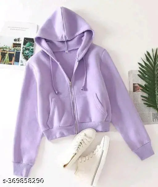 Lavender fleece long-sleeve SB crop jacket, solid color for women, size XS/S (bust 34in, length 20in), made in India