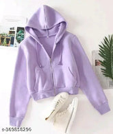 Lavender fleece long-sleeve SB crop jacket, solid color for women, size XS/S (bust 34in, length 20in), made in India