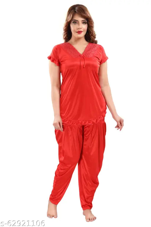 White satin dhoti top night suit with lace net pattern, Indian-origin Patiala pants