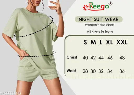 PREEGO Women Pista Green Printed Cotton Night Suit Set: Top & Shorts, pure cotton, half sleeve, India origin