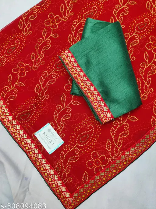 Ranisatiya Marwari Rajasthani Bandhani Saree with Heavy Mono Banglori Silk Blouse. Georgette fabric, rich zari weaving, contrast heavy border, easy to wash, party-ready ethnic wear. Indian handloom for traditional and festive occasions. Free size, 5.5 m saree length, 0.8 m blouse length. India origin